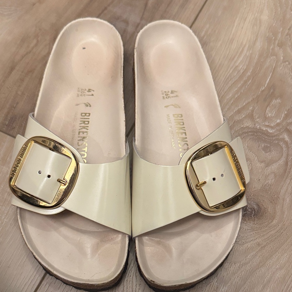 Birkenstock Cream Mules with Gold Buckle